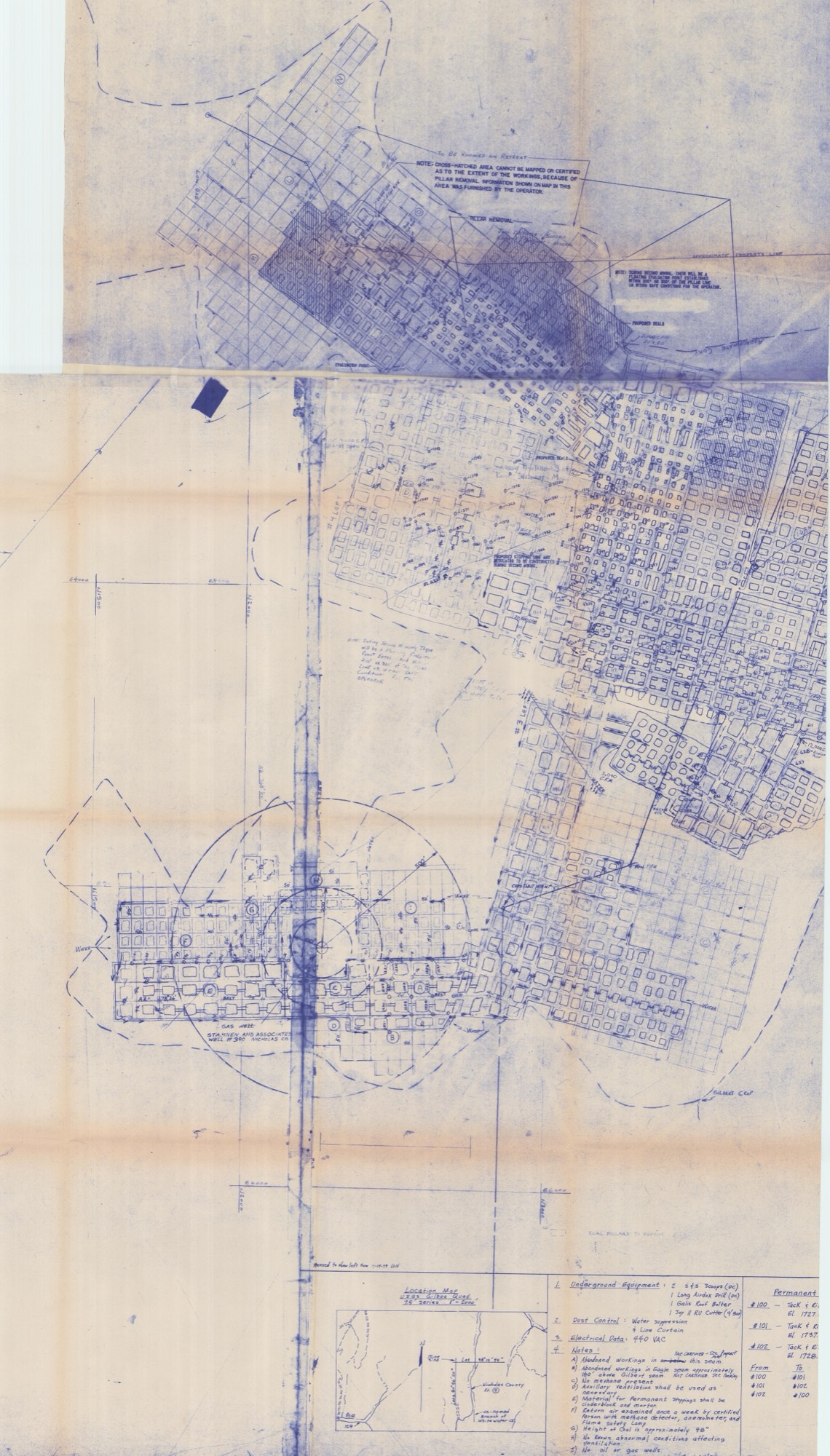 Sheet 01 — working sheet: room-and-pillar workings, gas-well barrier pillar, notes block, USGS-quad location inset.