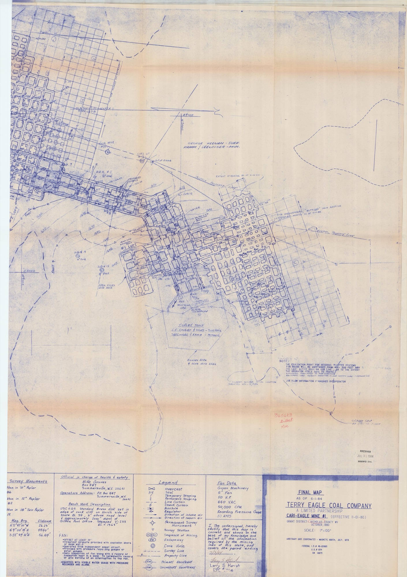 Sheet 02 — certification sheet: title block, legend, fan data, survey monuments, tract-ownership labels.